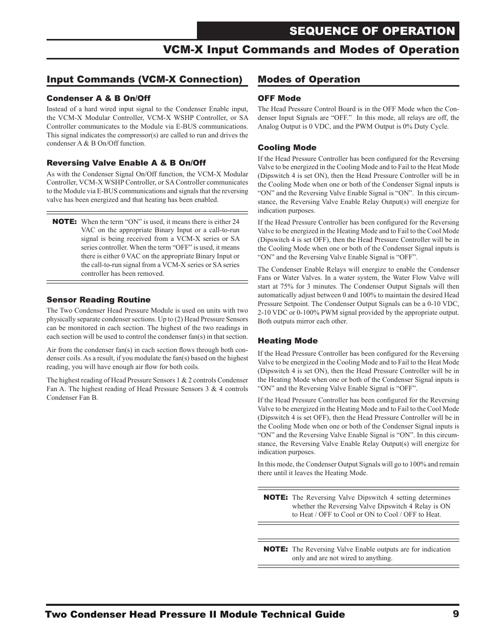 Sequence of operation, Vcm-x input commands and modes of operation | Orion System Two Condenser Head Pressure II Module User Manual | Page 9 / 16