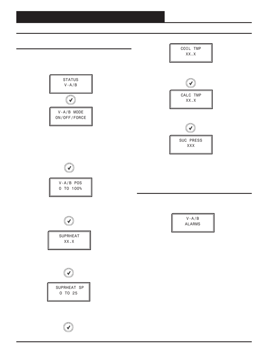 Dual electronic expansion valve module, Status v-a/b and v-a/b alarm screens, Technical guide 14 | Status v-a & v-b screens, V-a & v-b alarm screens | Orion System Dual Electronic Expansion Valve Module User Manual | Page 14 / 24