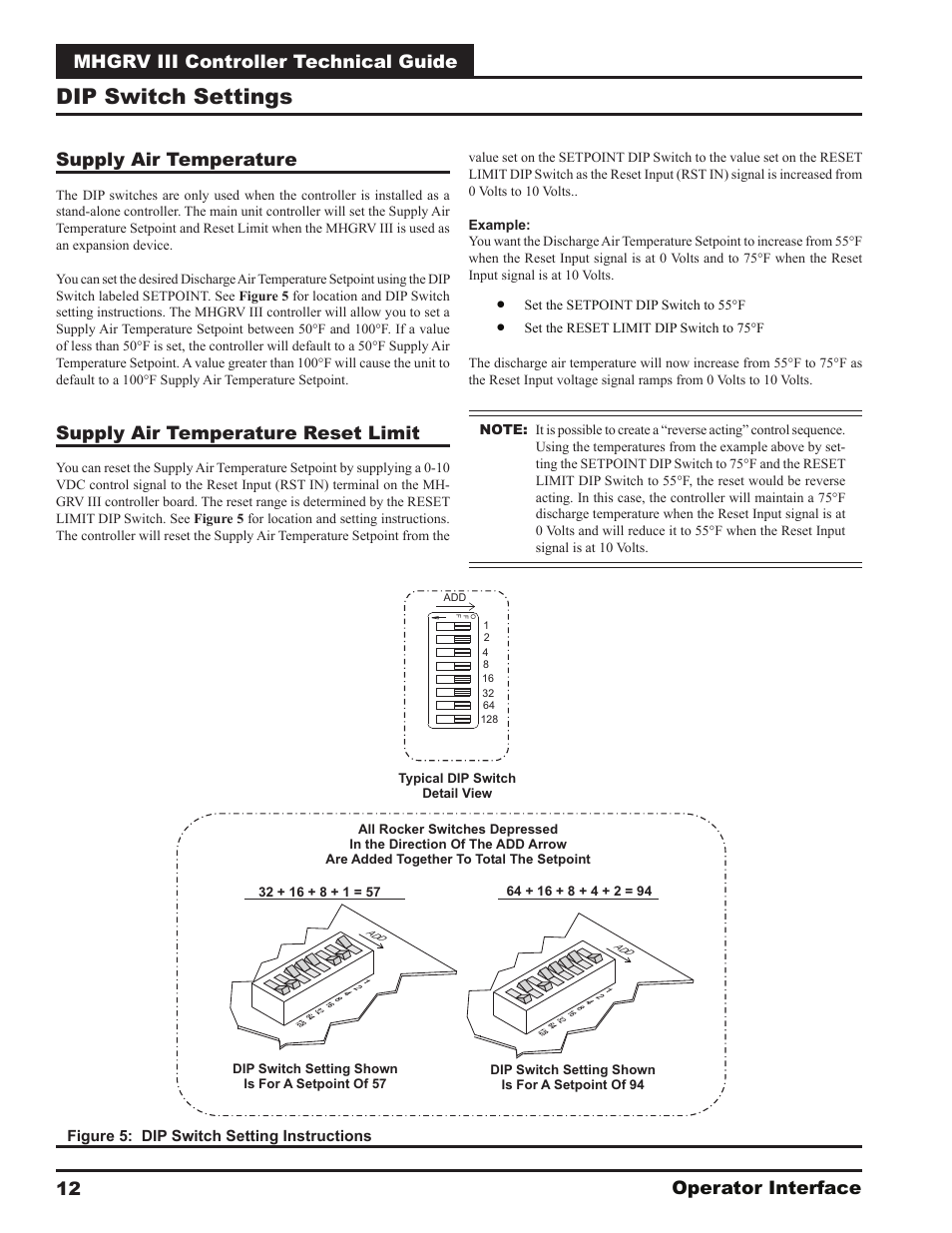 Dip switch settings, Supply air temperature reset limit | Orion System MHGRV III User Manual | Page 12 / 20
