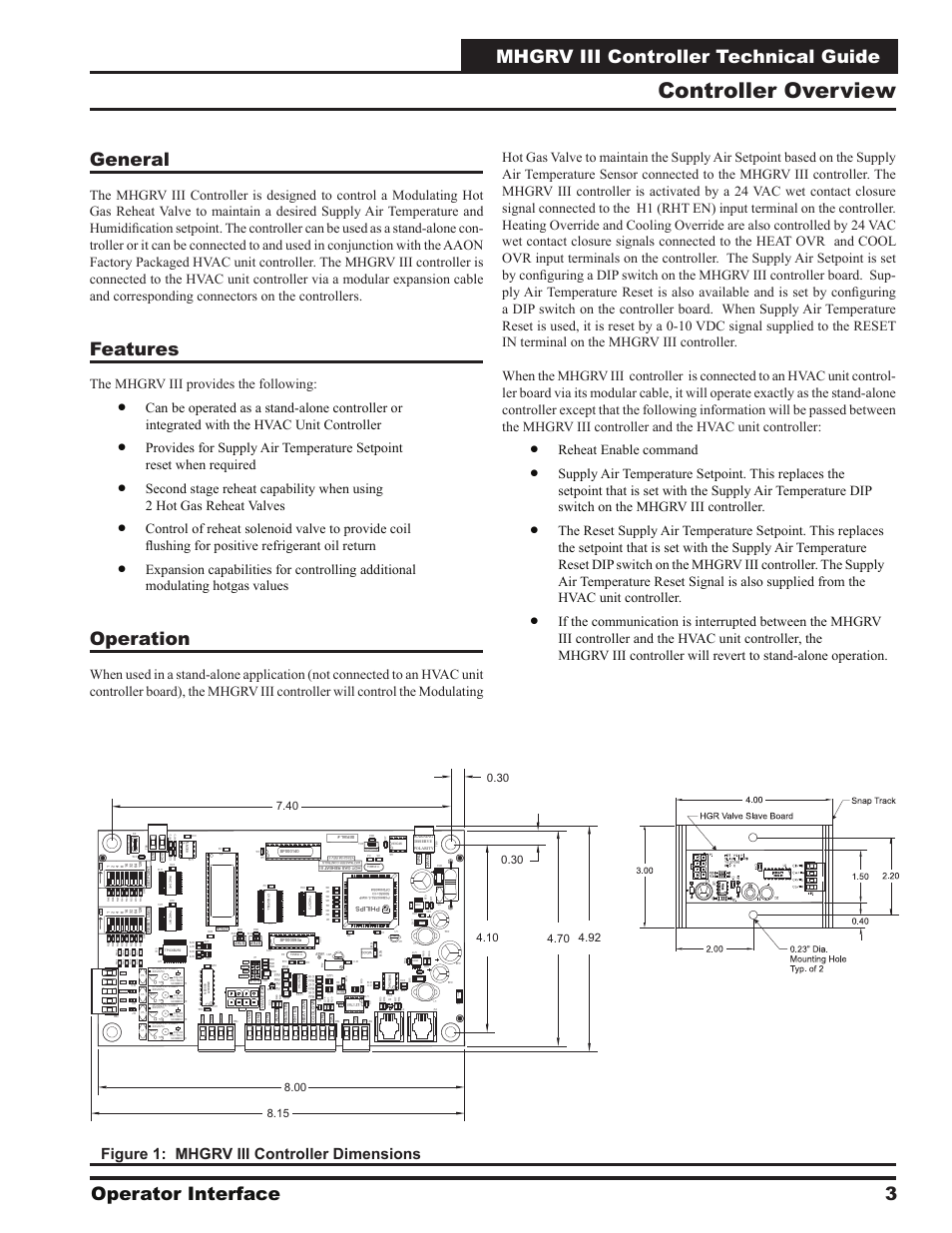 Controller overview, Features, Operation | Figure 1: mhgrv iii controller dimensions, The mhgrv iii provides the following, Reheat enable command, Philips, 1 uf | Orion System MHGRV III User Manual | Page 3 / 20