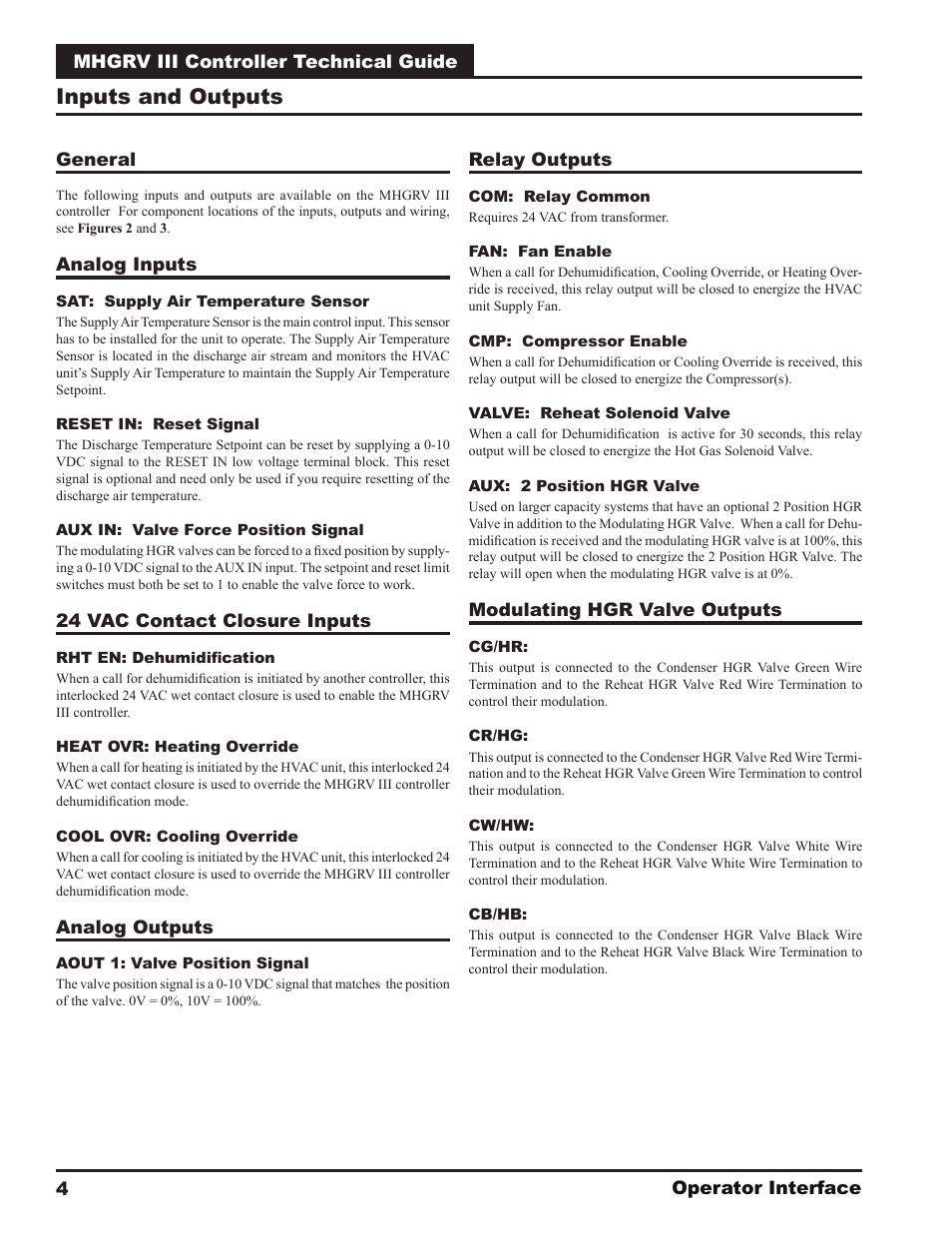 Inputs and outputs | Orion System MHGRV III User Manual | Page 4 / 20