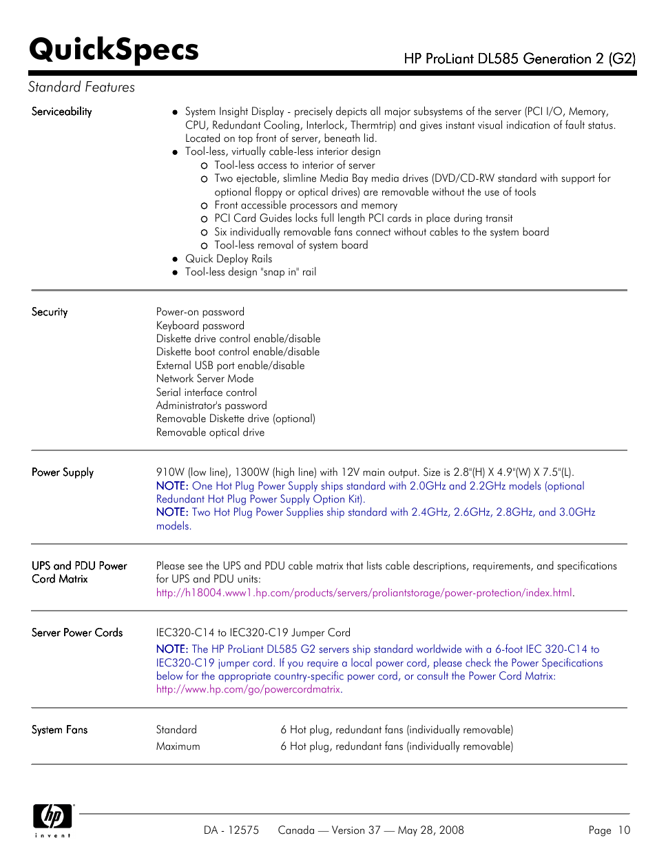 Quickspecs | Compaq ProLiant DL585 G2 User Manual | Page 10 / 46
