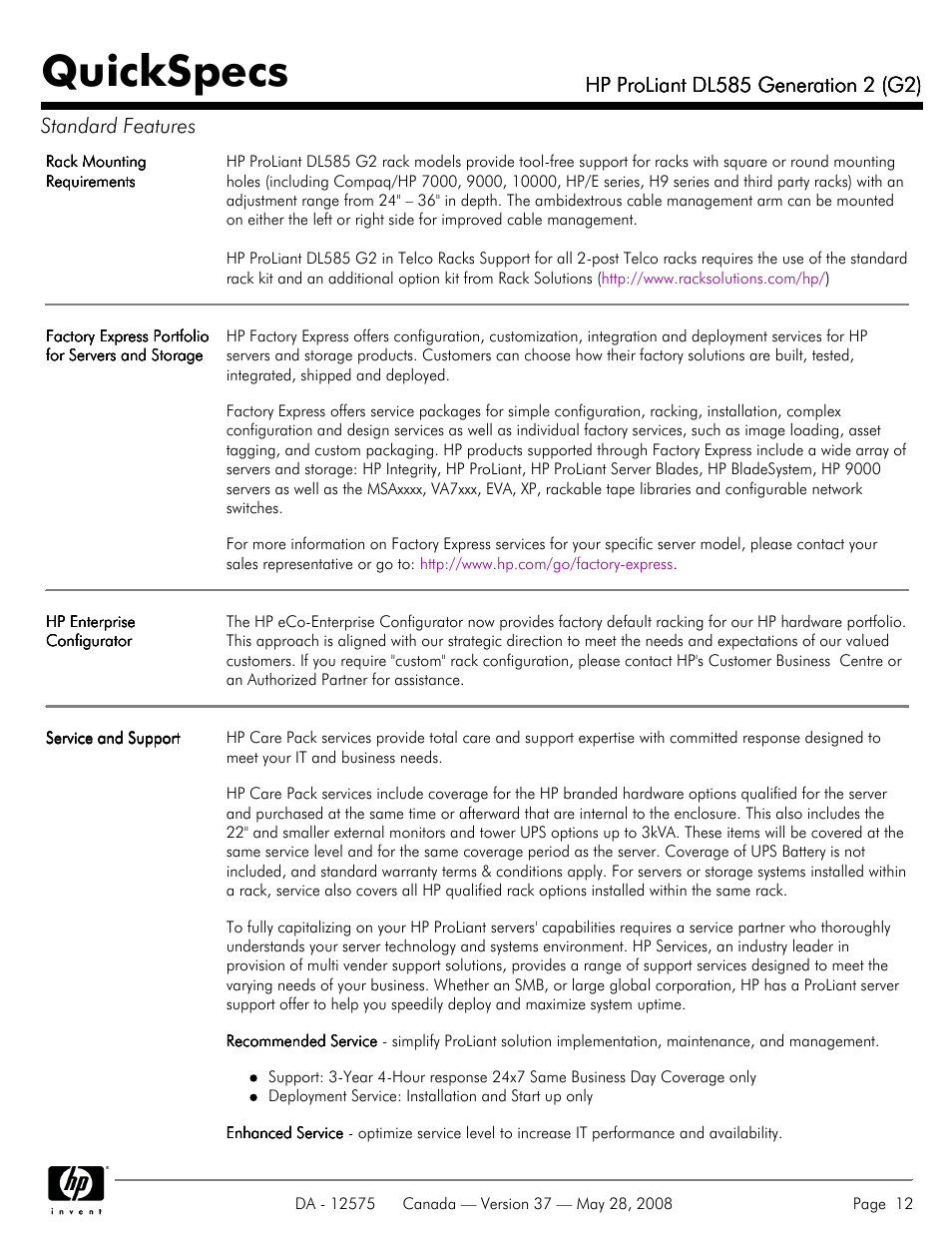 Quickspecs | Compaq ProLiant DL585 G2 User Manual | Page 12 / 46