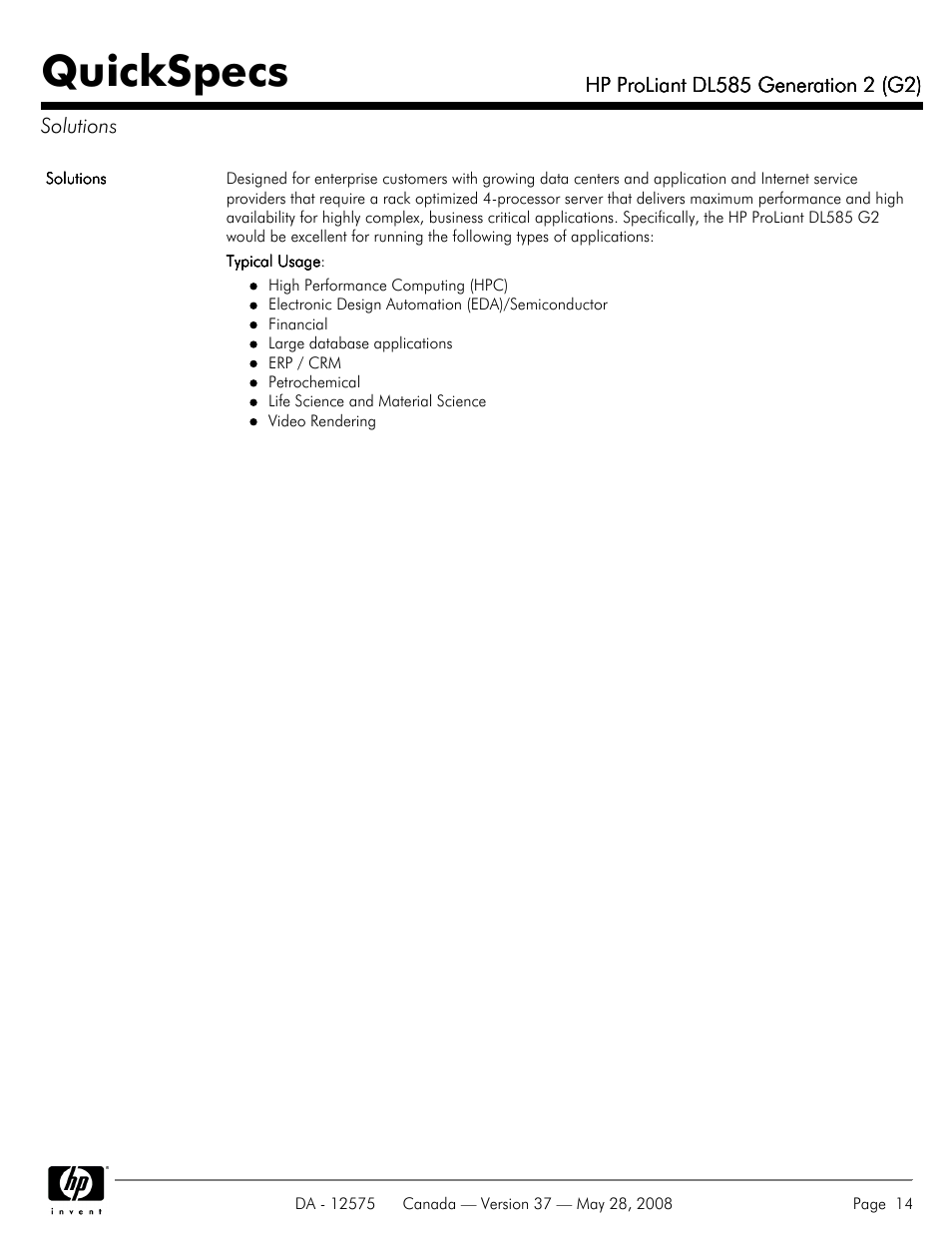 Solutions, Quickspecs | Compaq ProLiant DL585 G2 User Manual | Page 14 / 46