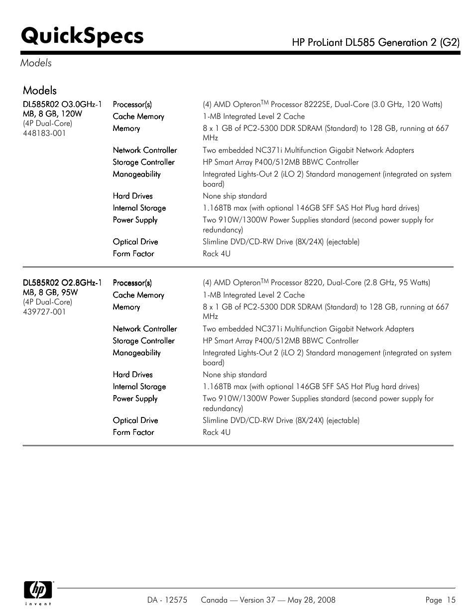 Models, Quickspecs | Compaq ProLiant DL585 G2 User Manual | Page 15 / 46