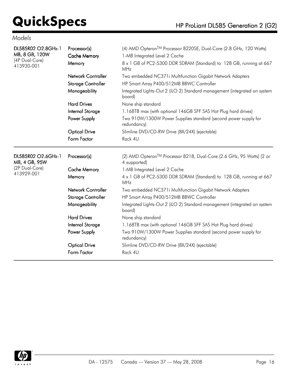 Quickspecs | Compaq ProLiant DL585 G2 User Manual | Page 16 / 46