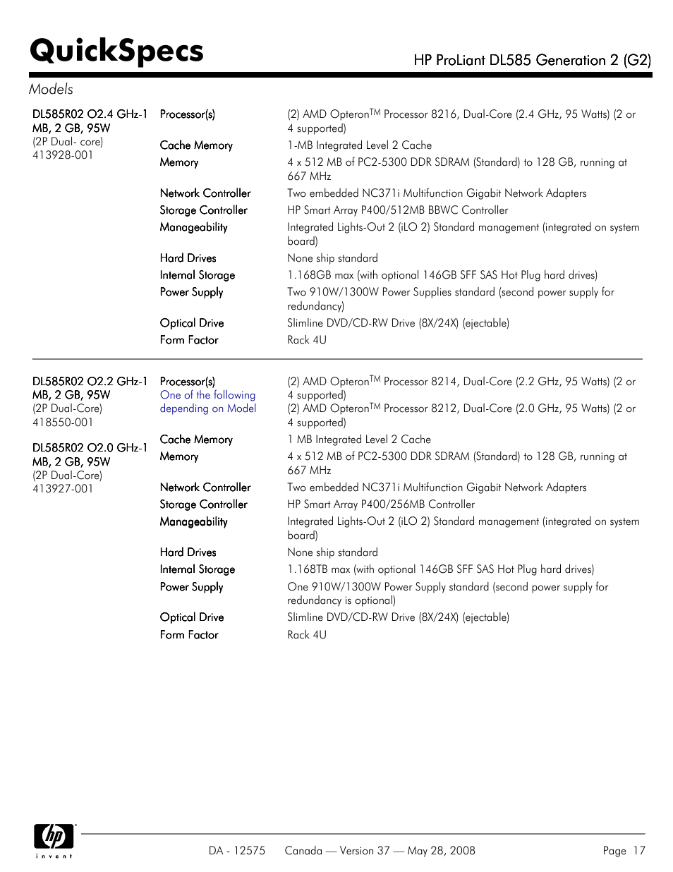 Quickspecs | Compaq ProLiant DL585 G2 User Manual | Page 17 / 46
