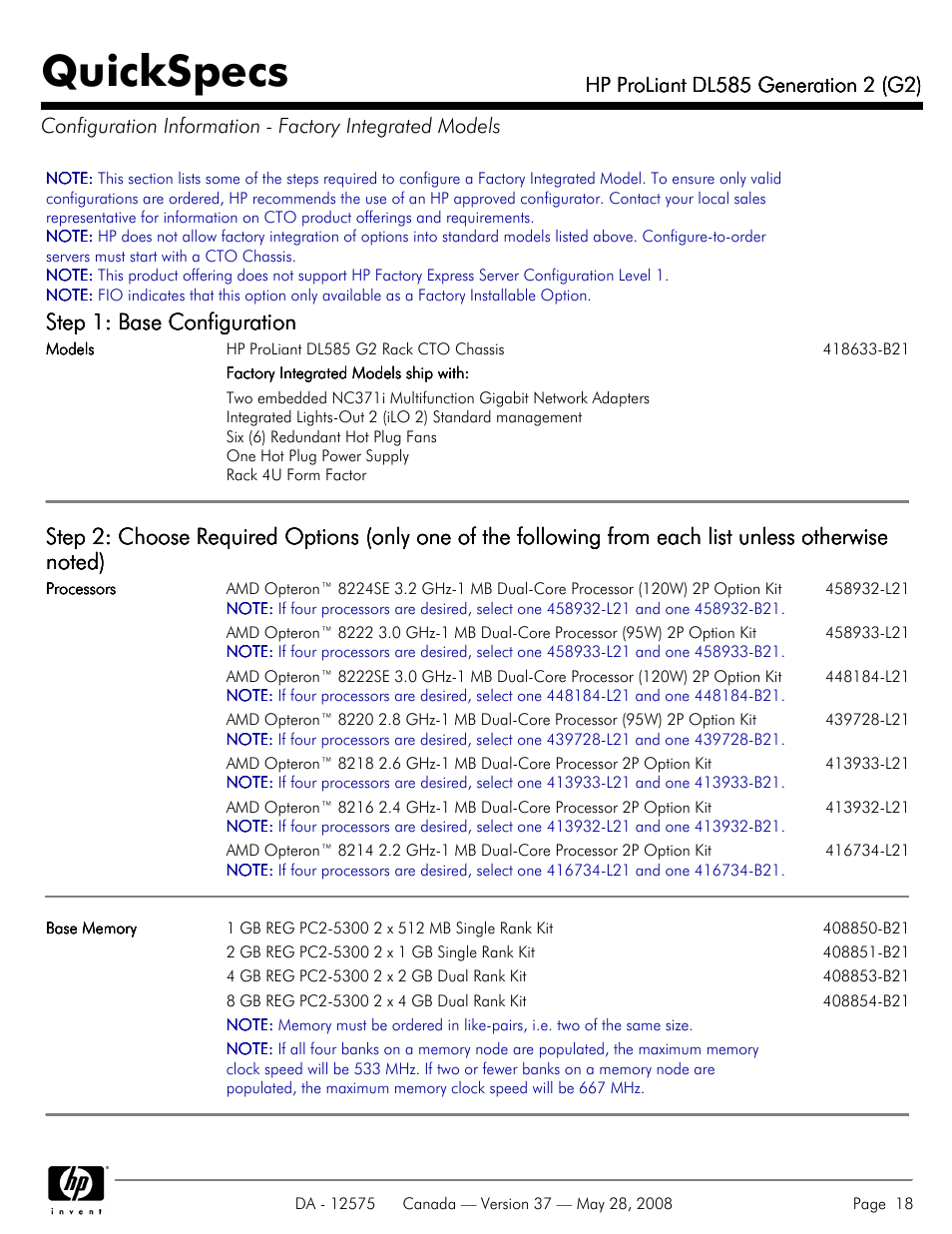 Quickspecs, Step 1: base configuration | Compaq ProLiant DL585 G2 User Manual | Page 18 / 46