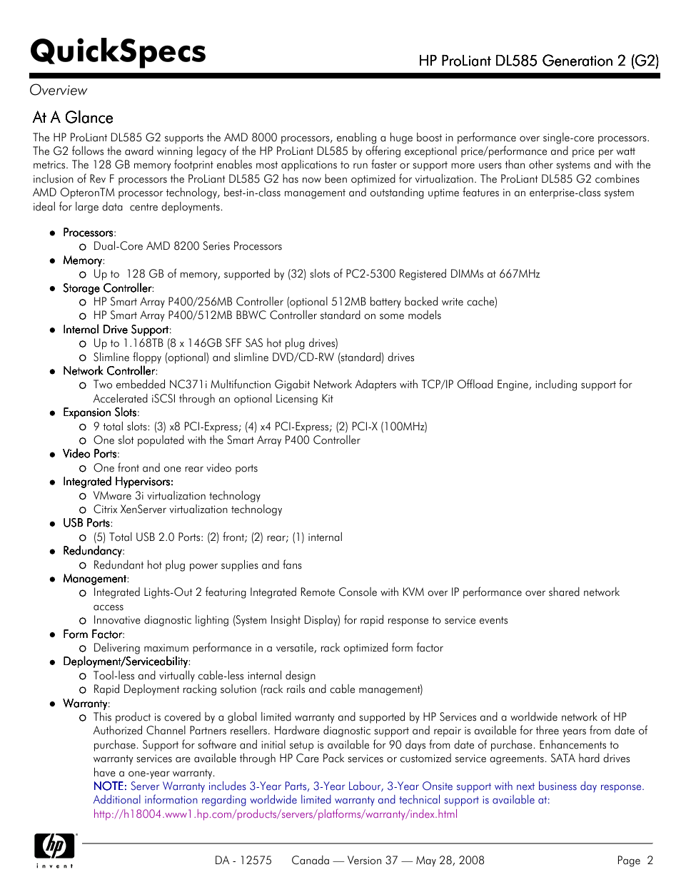 Quickspecs, At a glance | Compaq ProLiant DL585 G2 User Manual | Page 2 / 46