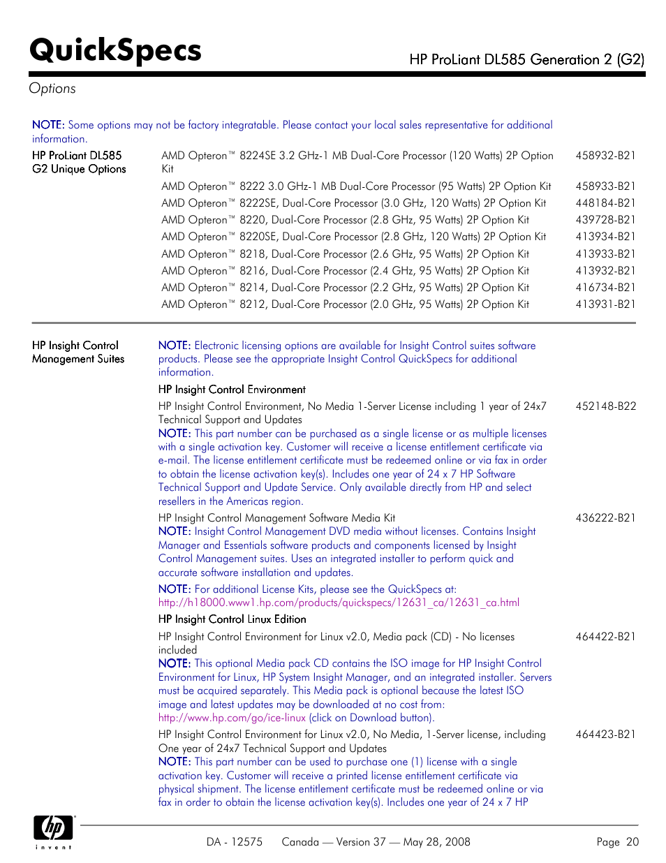 Options, Quickspecs | Compaq ProLiant DL585 G2 User Manual | Page 20 / 46