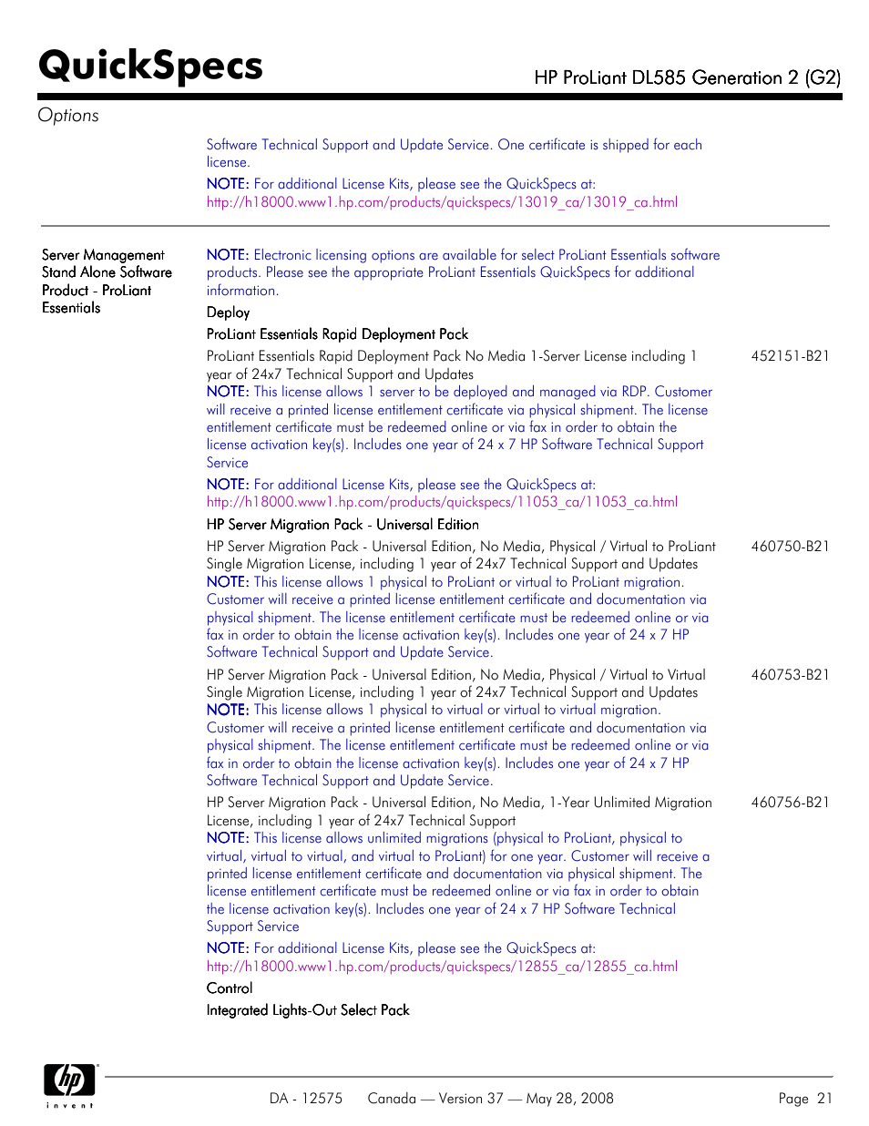 Quickspecs | Compaq ProLiant DL585 G2 User Manual | Page 21 / 46