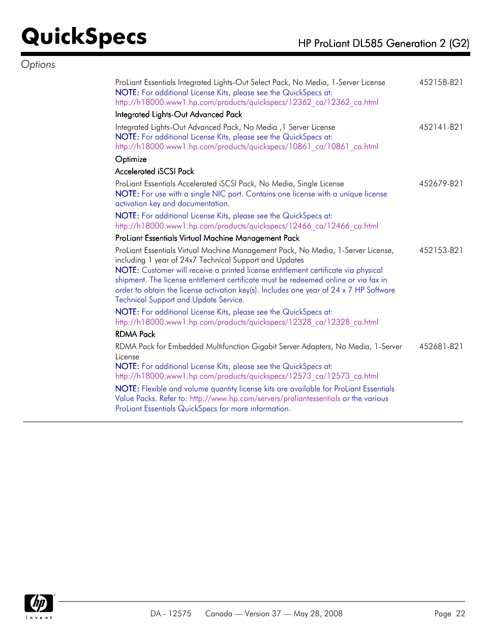 Quickspecs | Compaq ProLiant DL585 G2 User Manual | Page 22 / 46