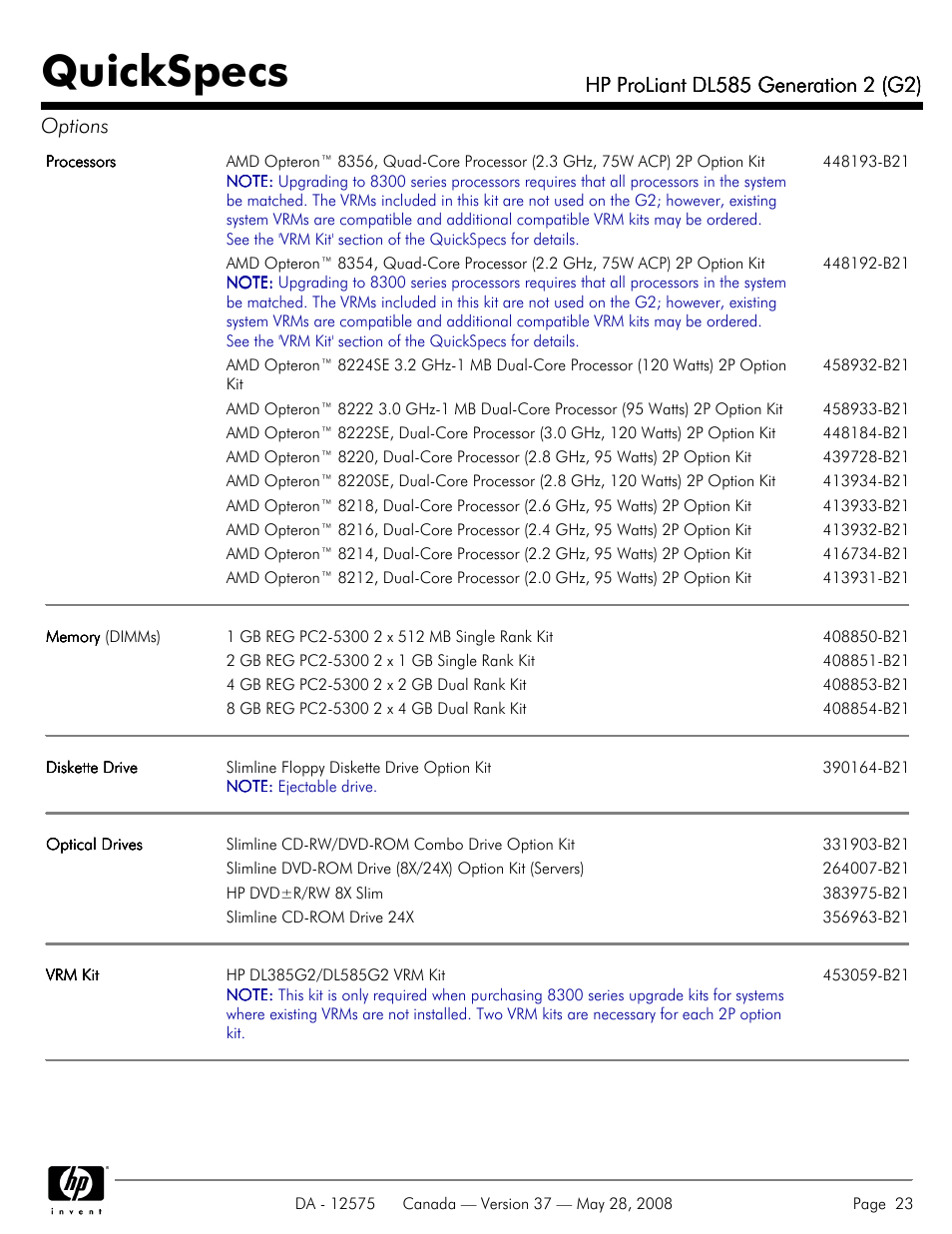 Quickspecs | Compaq ProLiant DL585 G2 User Manual | Page 23 / 46