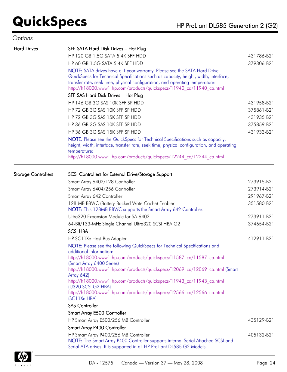 Quickspecs | Compaq ProLiant DL585 G2 User Manual | Page 24 / 46