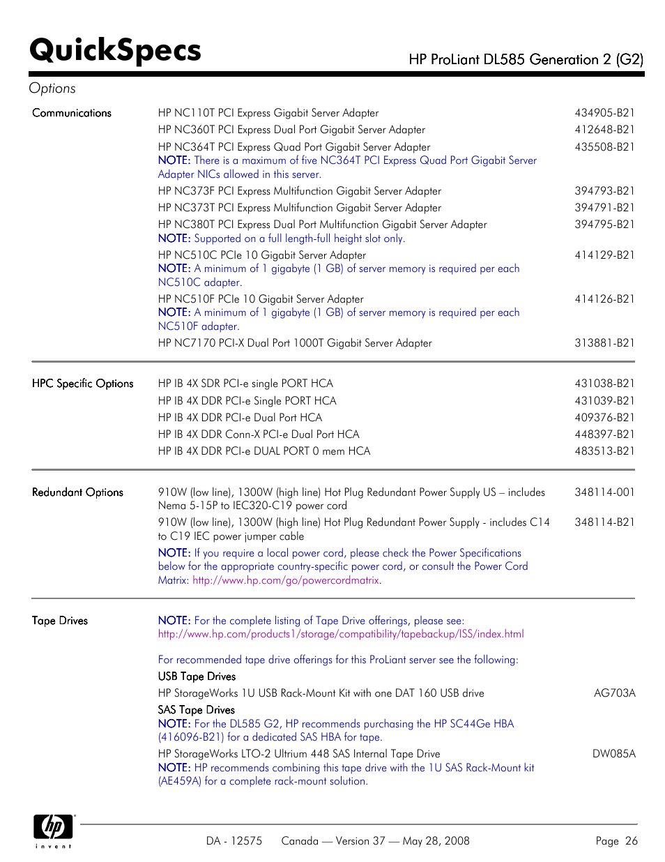 Quickspecs | Compaq ProLiant DL585 G2 User Manual | Page 26 / 46