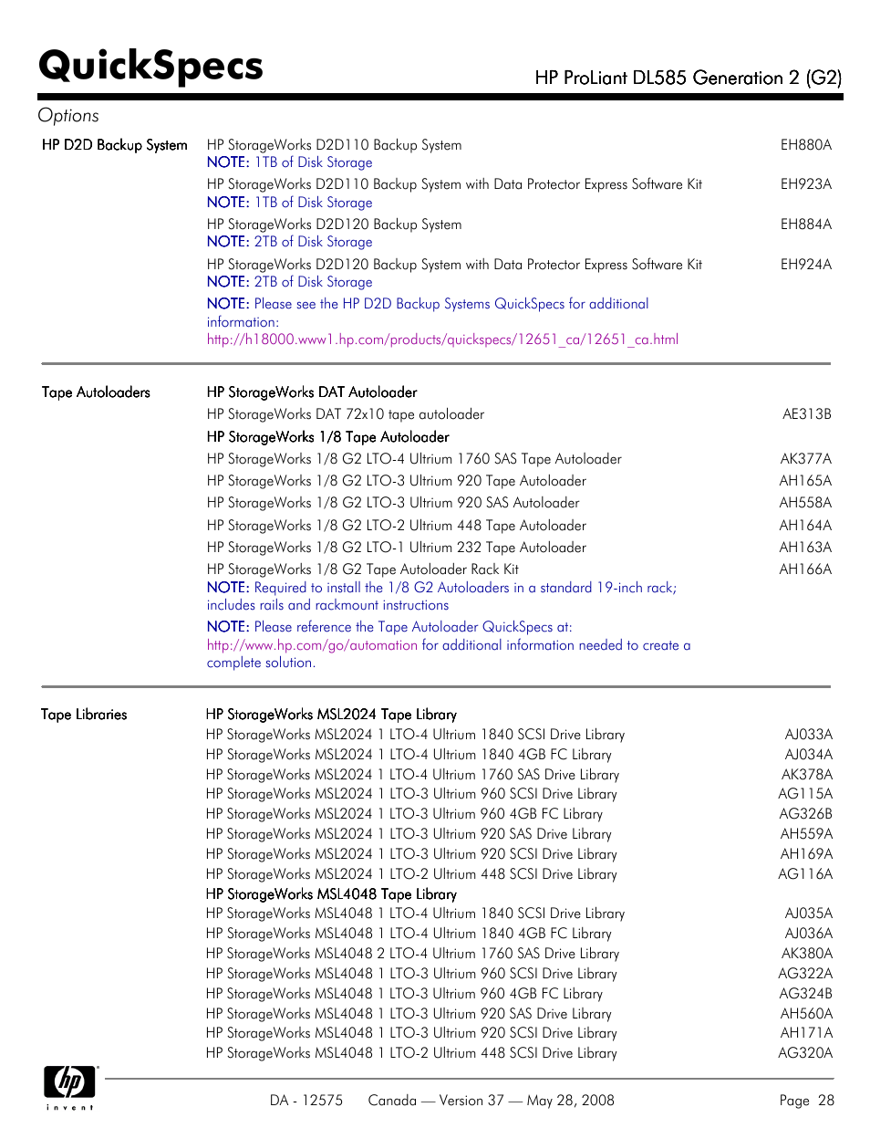 Quickspecs | Compaq ProLiant DL585 G2 User Manual | Page 28 / 46