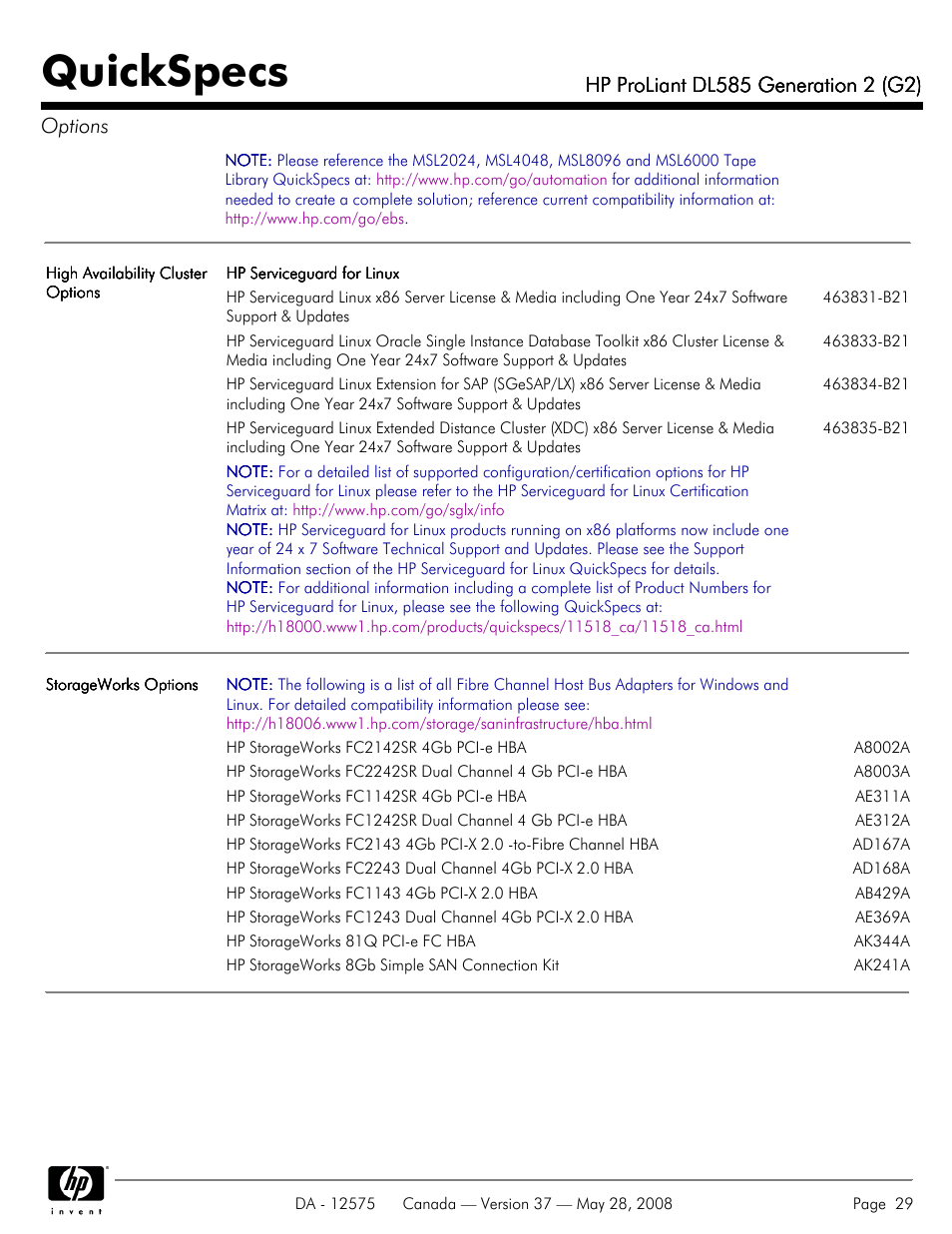 Quickspecs | Compaq ProLiant DL585 G2 User Manual | Page 29 / 46
