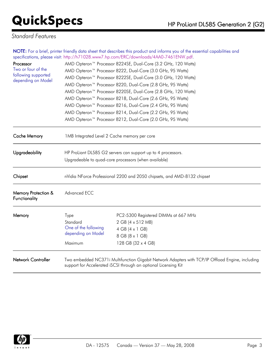 Standard features, Quickspecs | Compaq ProLiant DL585 G2 User Manual | Page 3 / 46