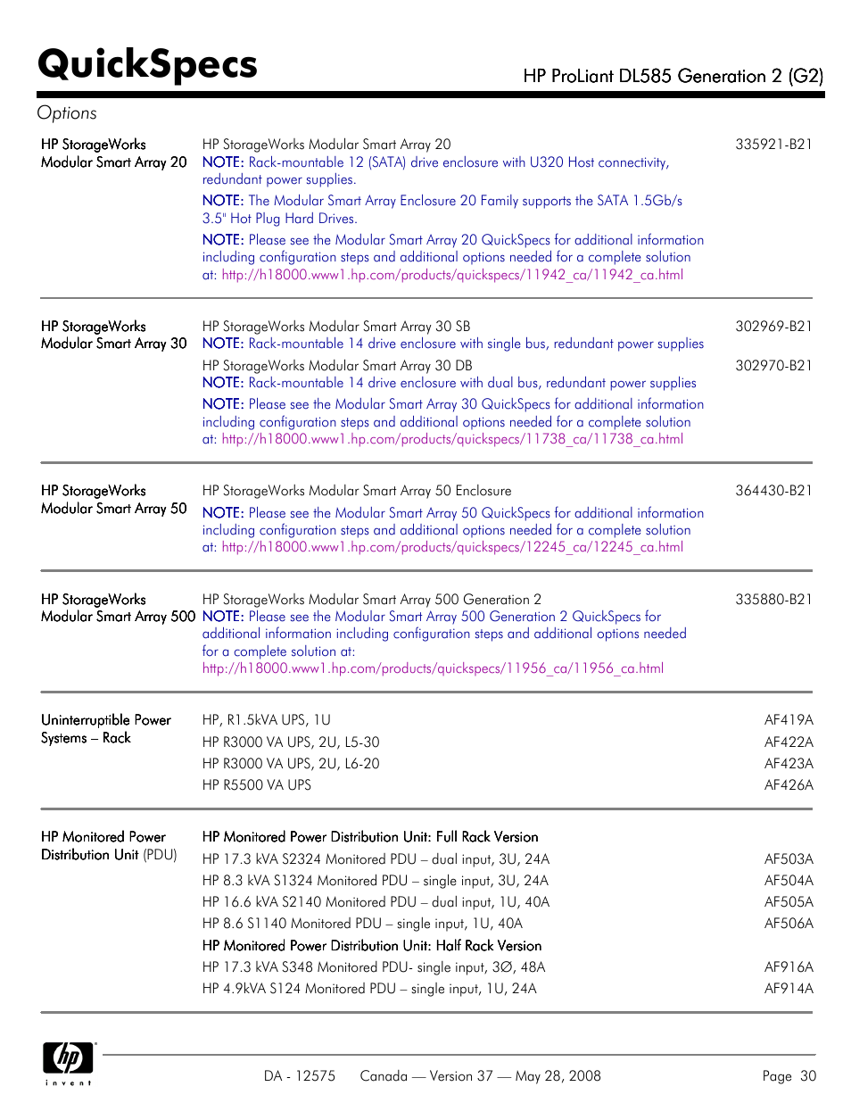 Quickspecs | Compaq ProLiant DL585 G2 User Manual | Page 30 / 46