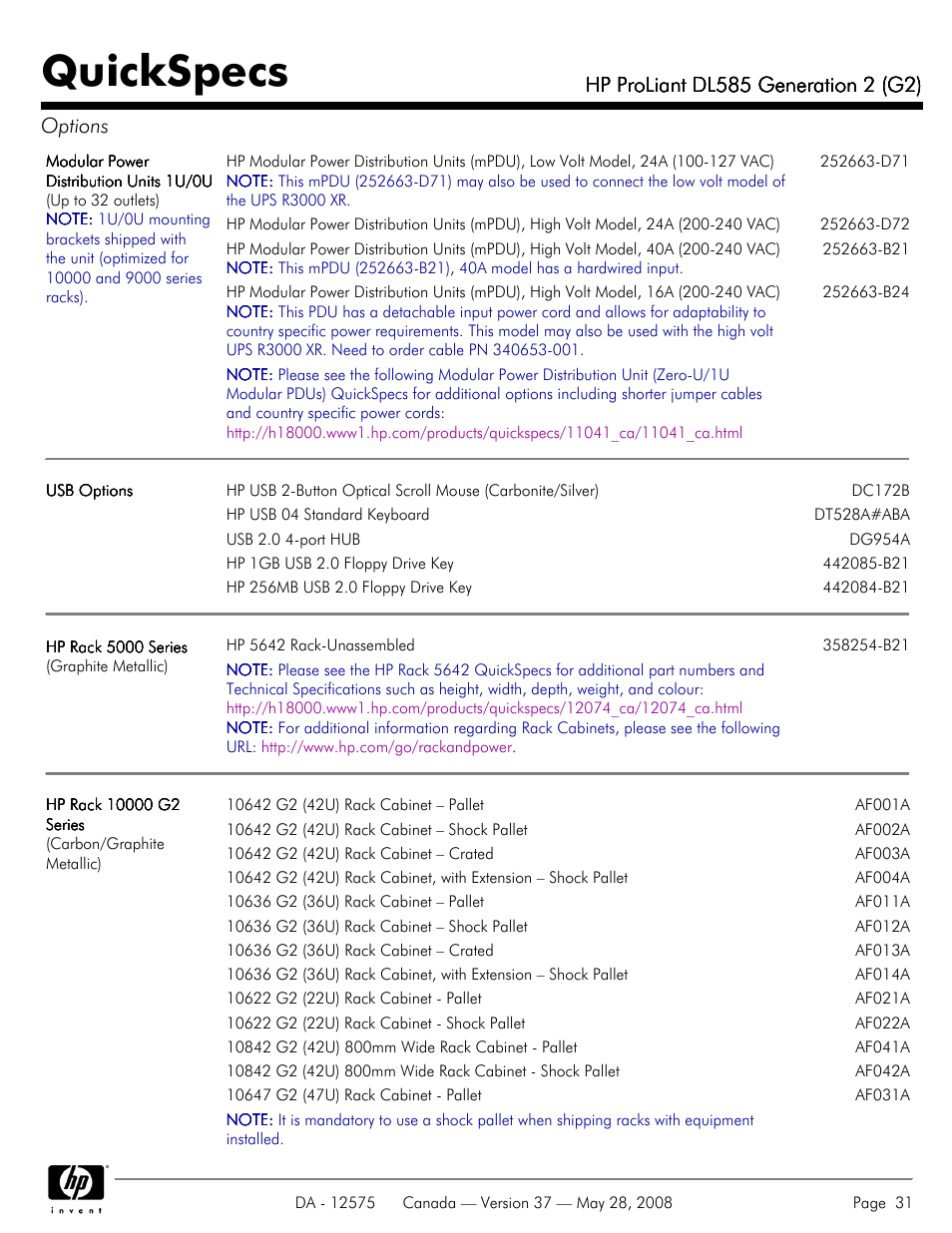 Quickspecs | Compaq ProLiant DL585 G2 User Manual | Page 31 / 46