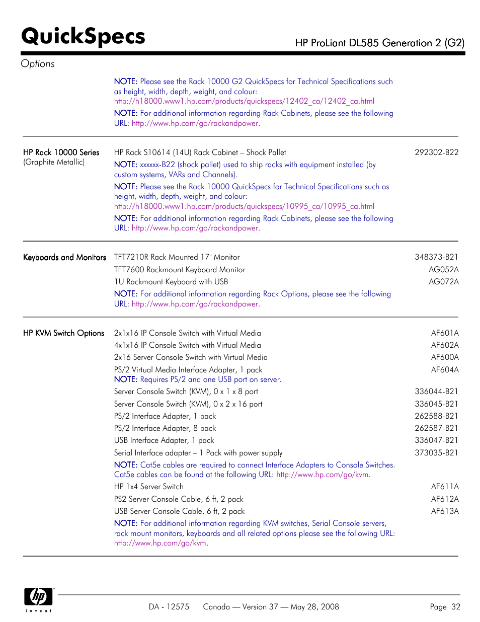 Quickspecs | Compaq ProLiant DL585 G2 User Manual | Page 32 / 46