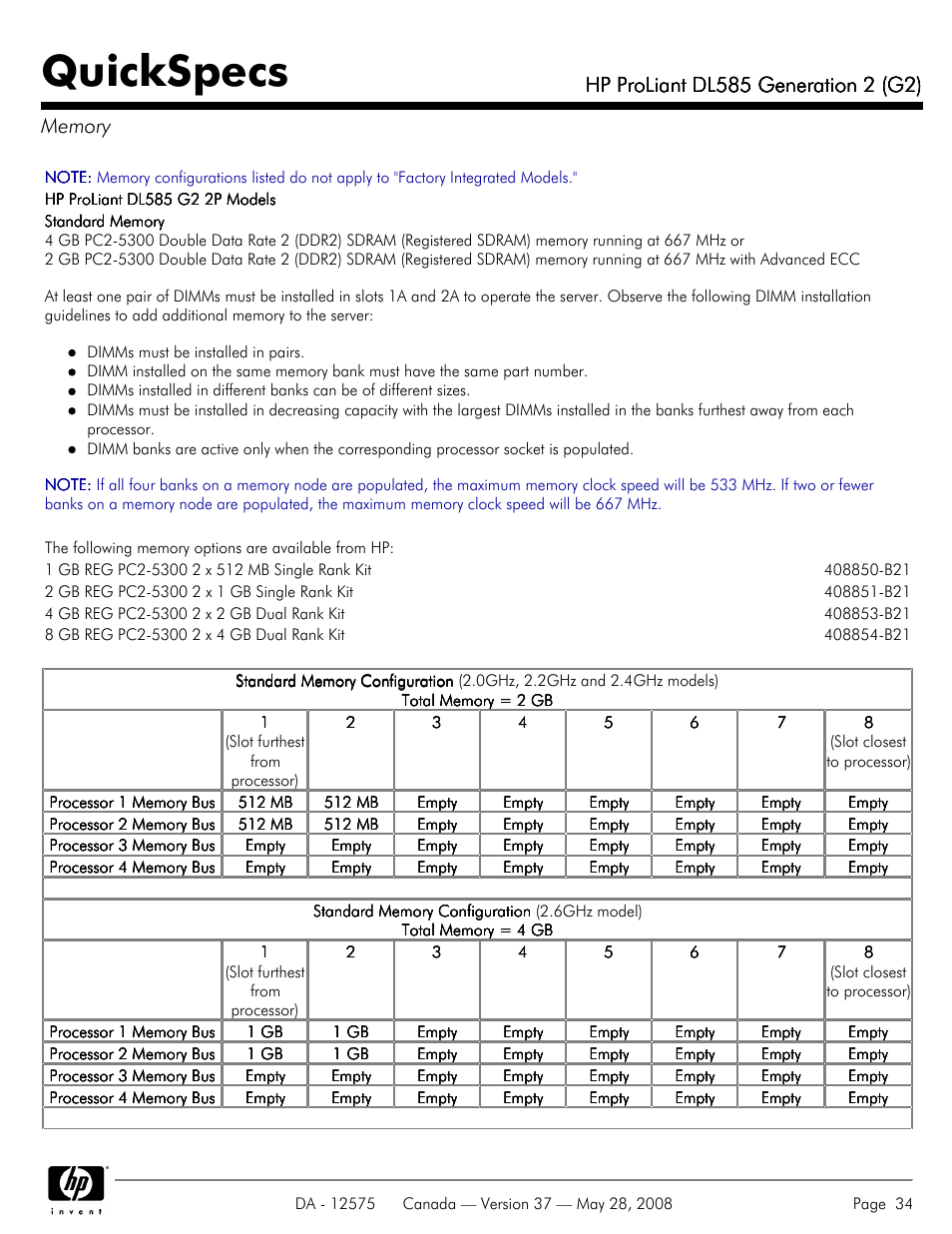Memory, Quickspecs | Compaq ProLiant DL585 G2 User Manual | Page 34 / 46
