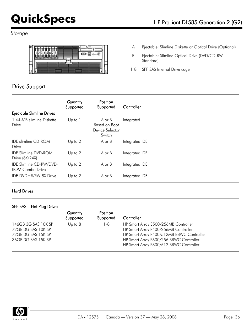 Storage, Quickspecs, Drive support | Compaq ProLiant DL585 G2 User Manual | Page 36 / 46