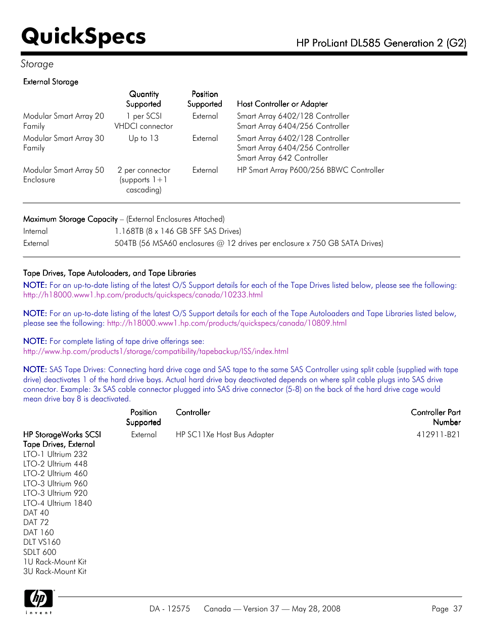 Quickspecs | Compaq ProLiant DL585 G2 User Manual | Page 37 / 46