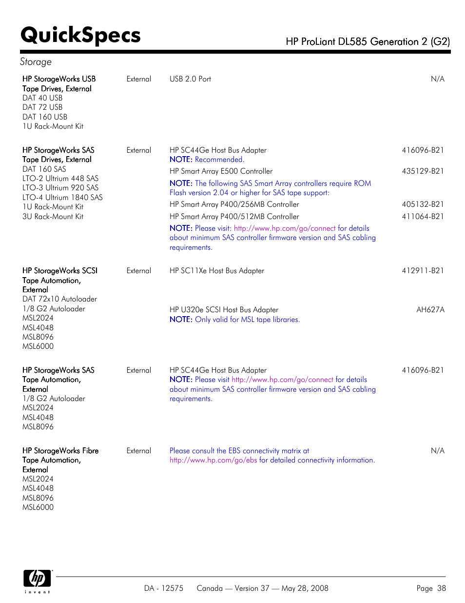 Quickspecs | Compaq ProLiant DL585 G2 User Manual | Page 38 / 46