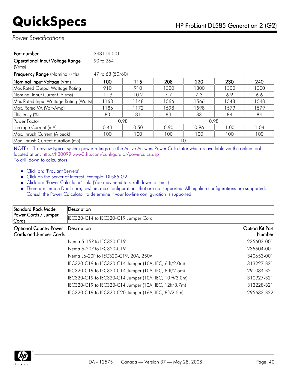 Power specifications, Quickspecs | Compaq ProLiant DL585 G2 User Manual | Page 40 / 46