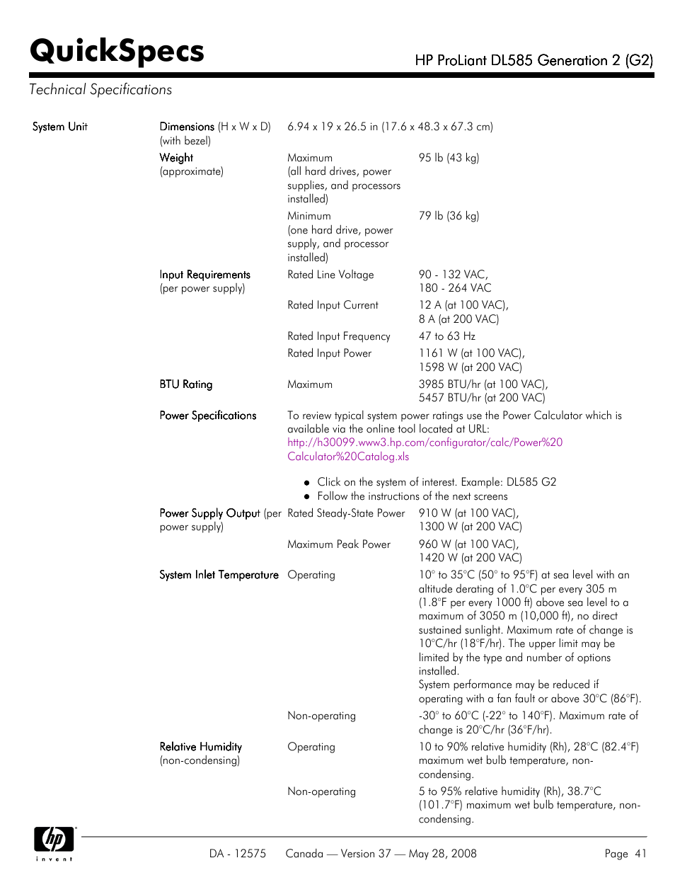 Technical specifications, Quickspecs | Compaq ProLiant DL585 G2 User Manual | Page 41 / 46