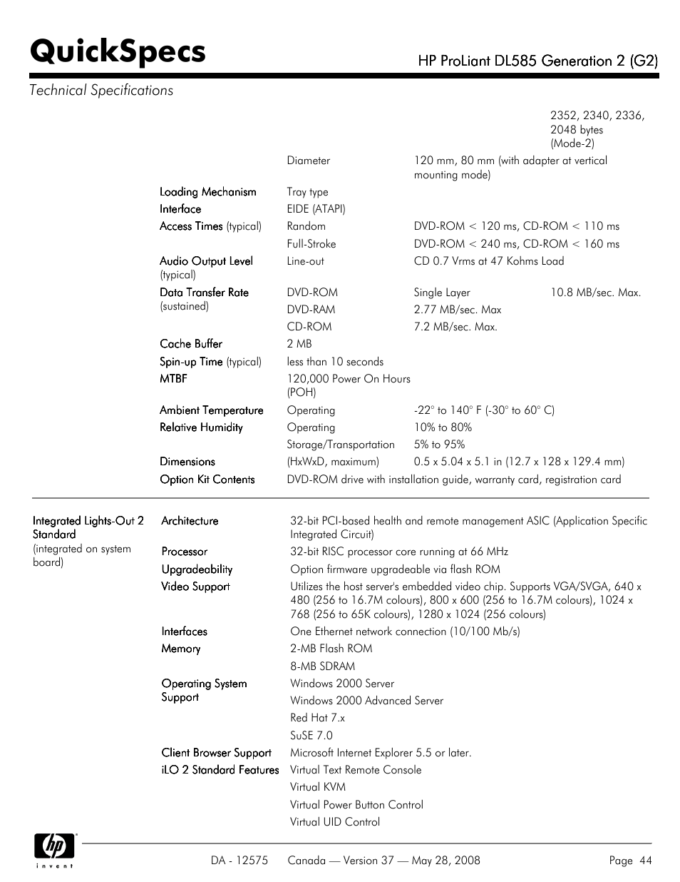 Quickspecs | Compaq ProLiant DL585 G2 User Manual | Page 44 / 46