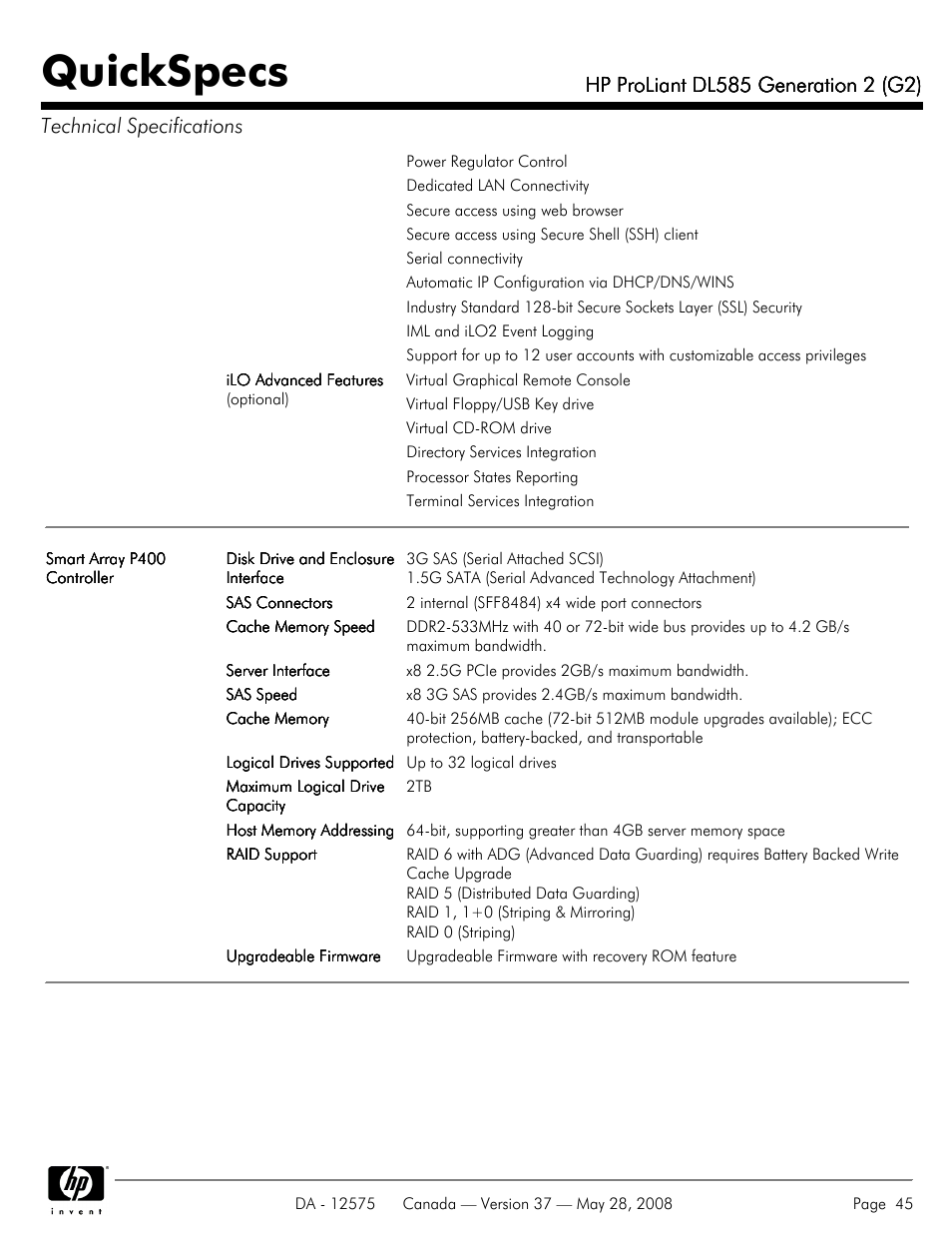 Quickspecs | Compaq ProLiant DL585 G2 User Manual | Page 45 / 46