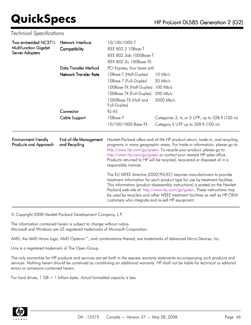 Quickspecs | Compaq ProLiant DL585 G2 User Manual | Page 46 / 46