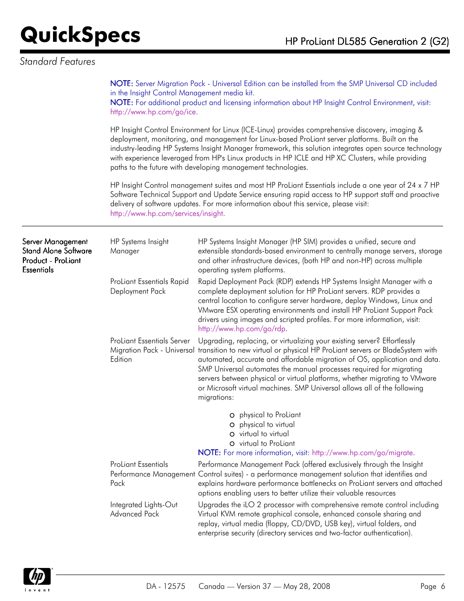 Quickspecs | Compaq ProLiant DL585 G2 User Manual | Page 6 / 46