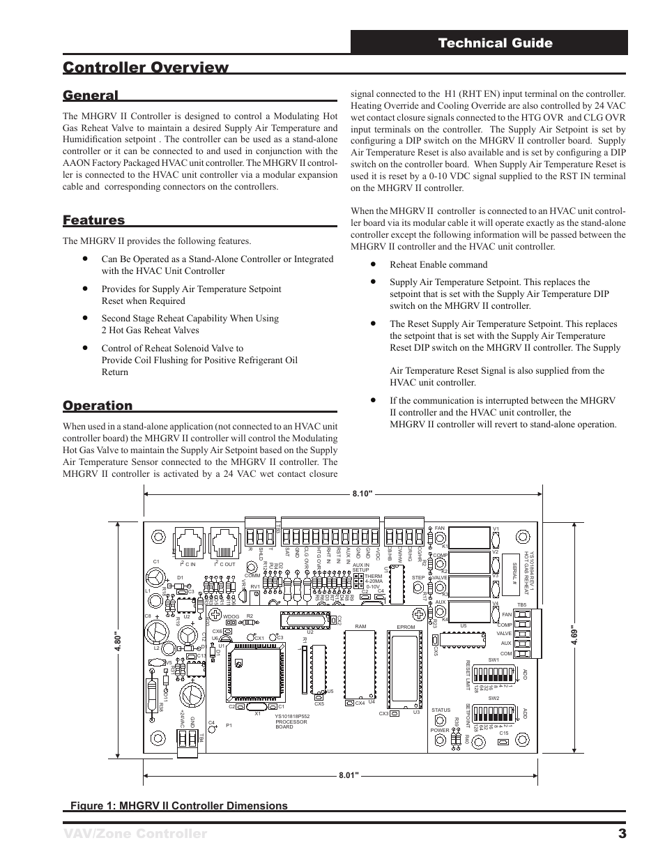 Controller overview, Vav/zone controller 3 technical guide general, Features | Operation, Figure 1: mhgrv ii controller dimensions, The mhgrv ii provides the following features, Reheat enable command | Orion System MHGRV II User Manual | Page 3 / 12