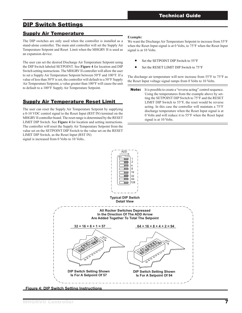 Dip switch settings, Supply air temperature reset limit | Orion System MHGRV II User Manual | Page 7 / 12