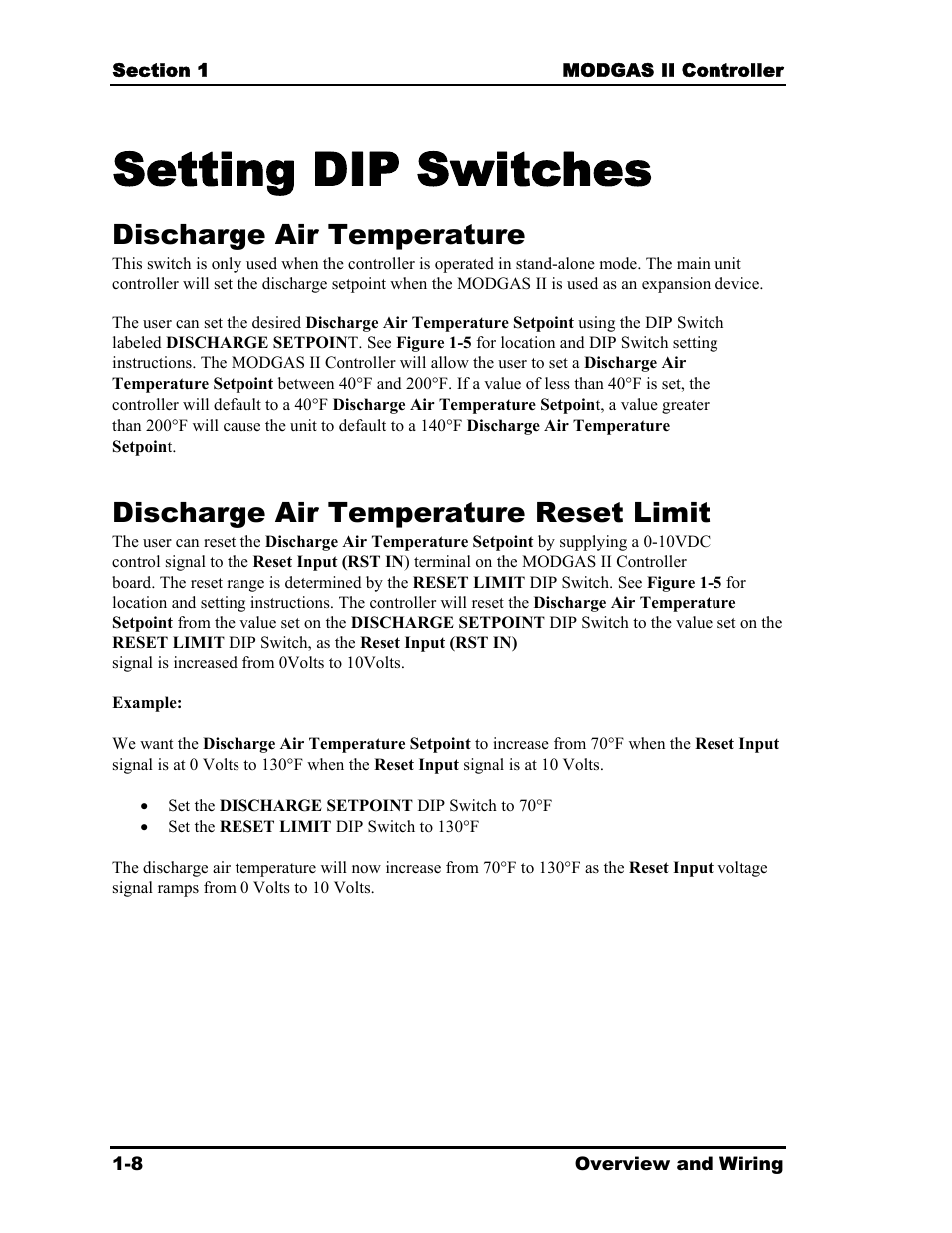 Setting dip switches, Discharge air temperature, Discharge air temperature reset limit | Orion System MODGAS II User Manual | Page 12 / 22