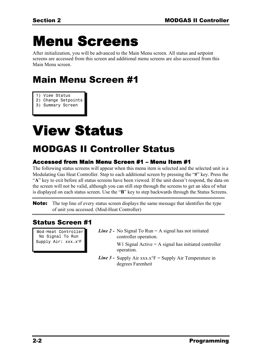 Menu screens, View status, Main menu screen #1 | Modgas ii controller status | Orion System MODGAS II User Manual | Page 18 / 22