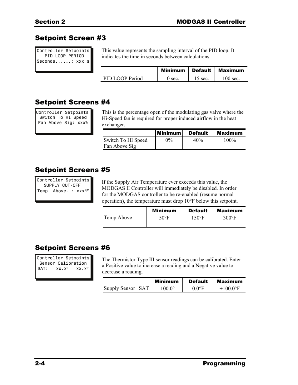 Setpoint screen #3, Setpoint screens #4, Setpoint screens #5 | Setpoint screens #6 | Orion System MODGAS II User Manual | Page 20 / 22