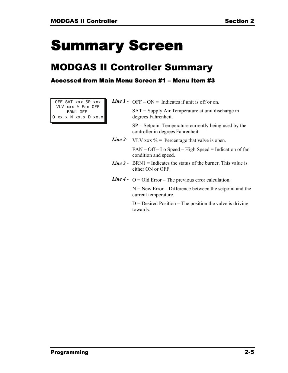 Summary screen, Modgas ii controller summary | Orion System MODGAS II User Manual | Page 21 / 22