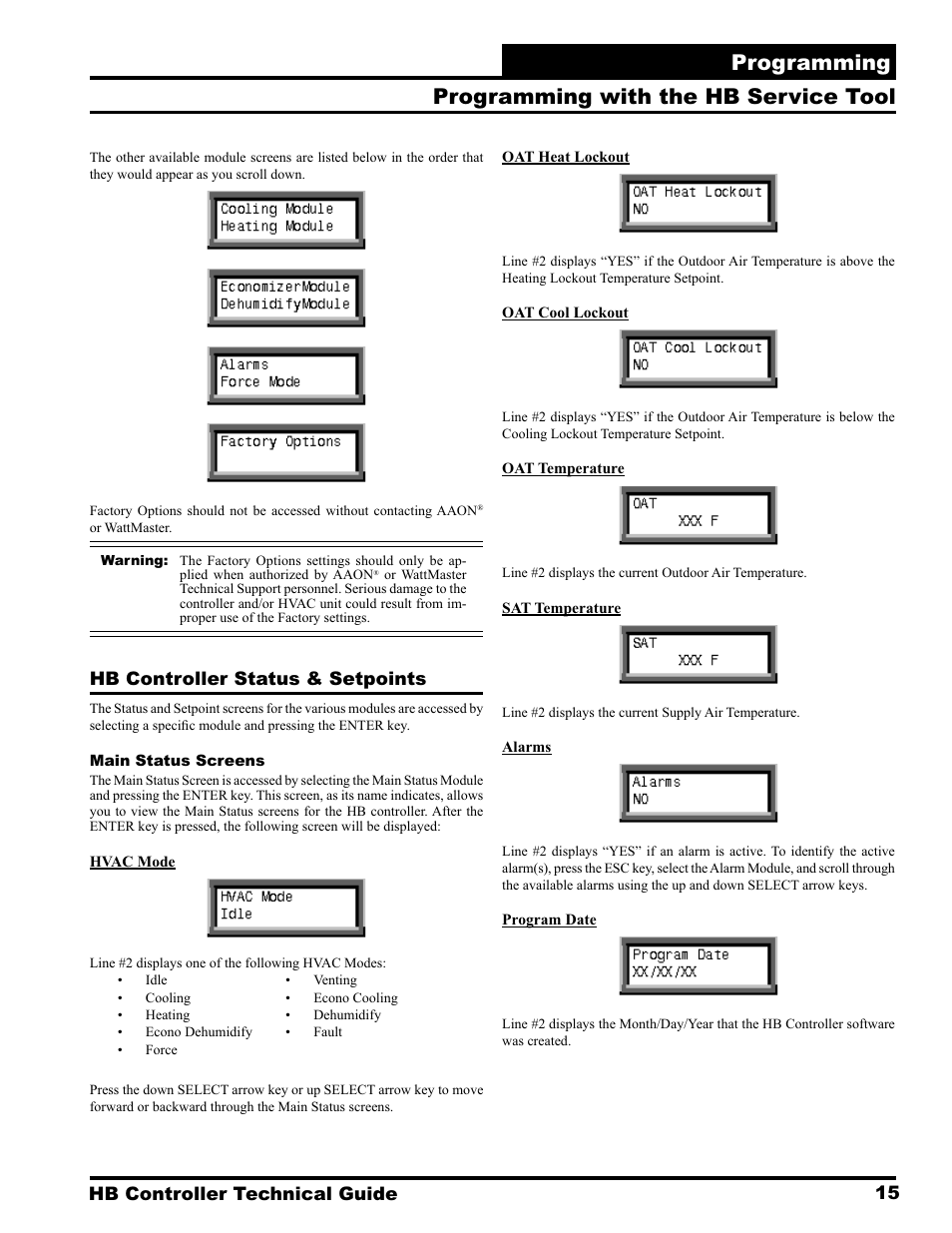 Programming, Programming with the hb service tool, 15 hb controller technical guide | Hb controller status & setpoints | Orion System HB Controller User Manual | Page 15 / 48
