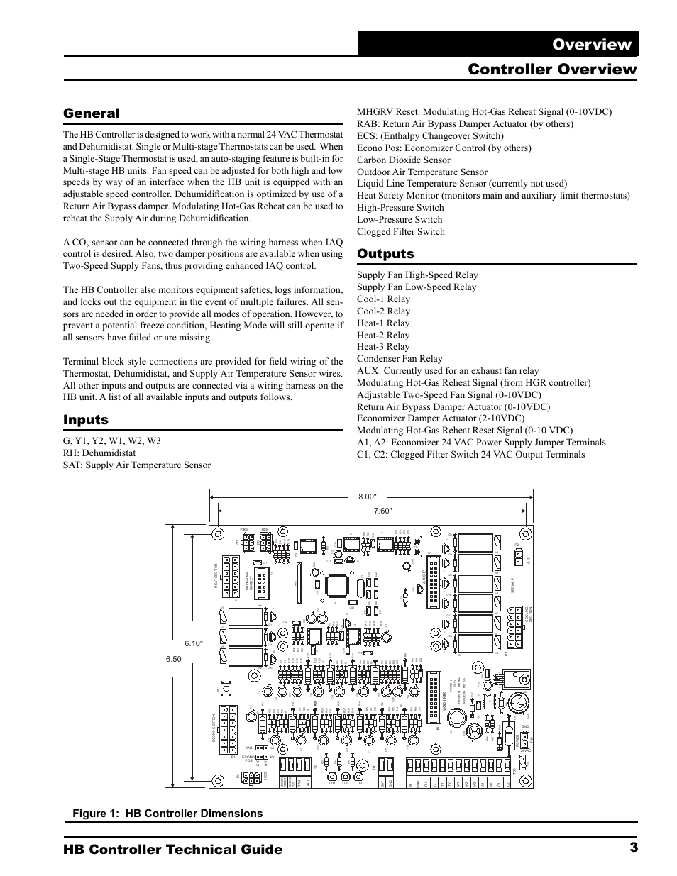 Overview, Controller overview, 3hb controller technical guide general | Inputs, Outputs, Figure 1: hb controller dimensions | Orion System HB Controller User Manual | Page 3 / 48