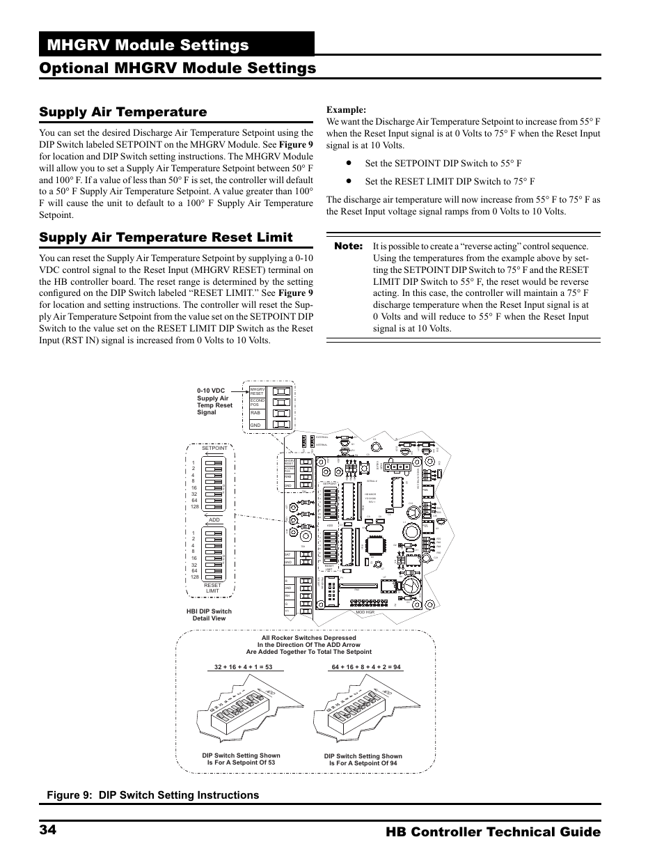 Mhgrv module settings, Optional mhgrv module settings, Supply air temperature reset limit | Zone, Figure 9: dip switch setting instructions, Set the setpoint dip switch to 55° f | Orion System HB Controller User Manual | Page 34 / 48