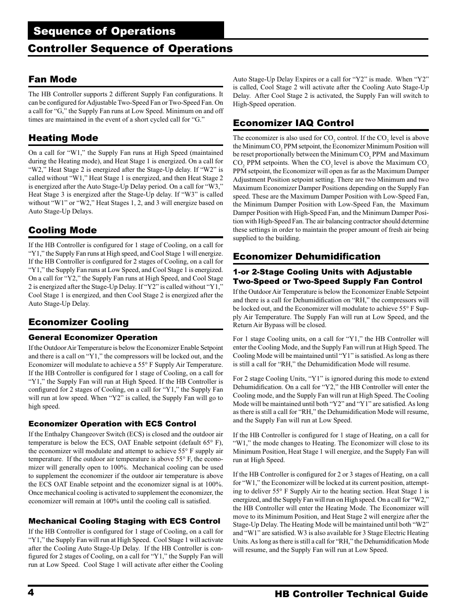 Sequence of operations, Controller sequence of operations, Hb controller technical guide 4 fan mode | Heating mode, Cooling mode, Economizer cooling, Economizer iaq control, Economizer dehumidifi cation | Orion System HB Controller User Manual | Page 4 / 48