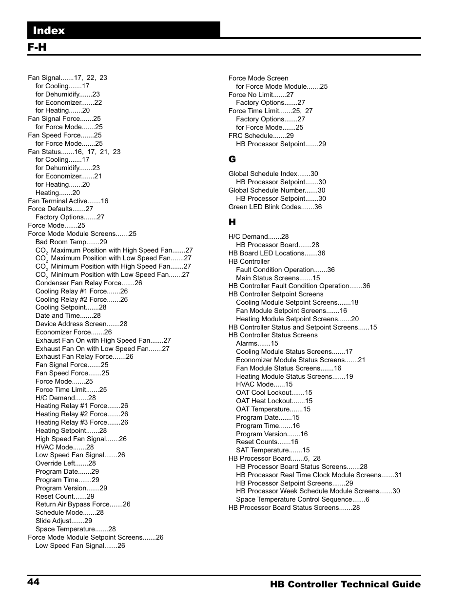 Index, 44 hb controller technical guide | Orion System HB Controller User Manual | Page 44 / 48