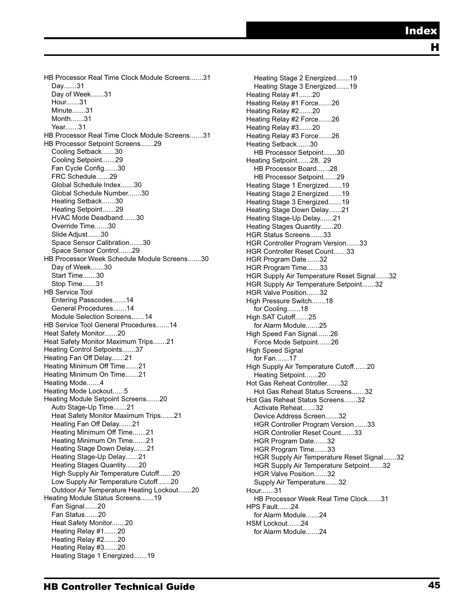 Index, 45 hb controller technical guide | Orion System HB Controller User Manual | Page 45 / 48