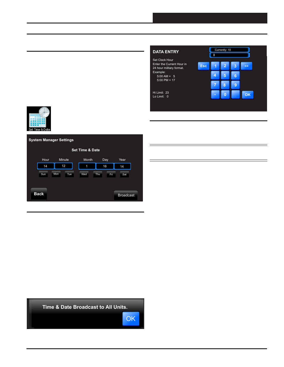Main screen functions, Setting the system clock, Smts ii for gpc-xp technical guide | Set time and date, Time & date broadcast to all units | Orion System System Manager TS II For GPC-XP User Manual | Page 11 / 24