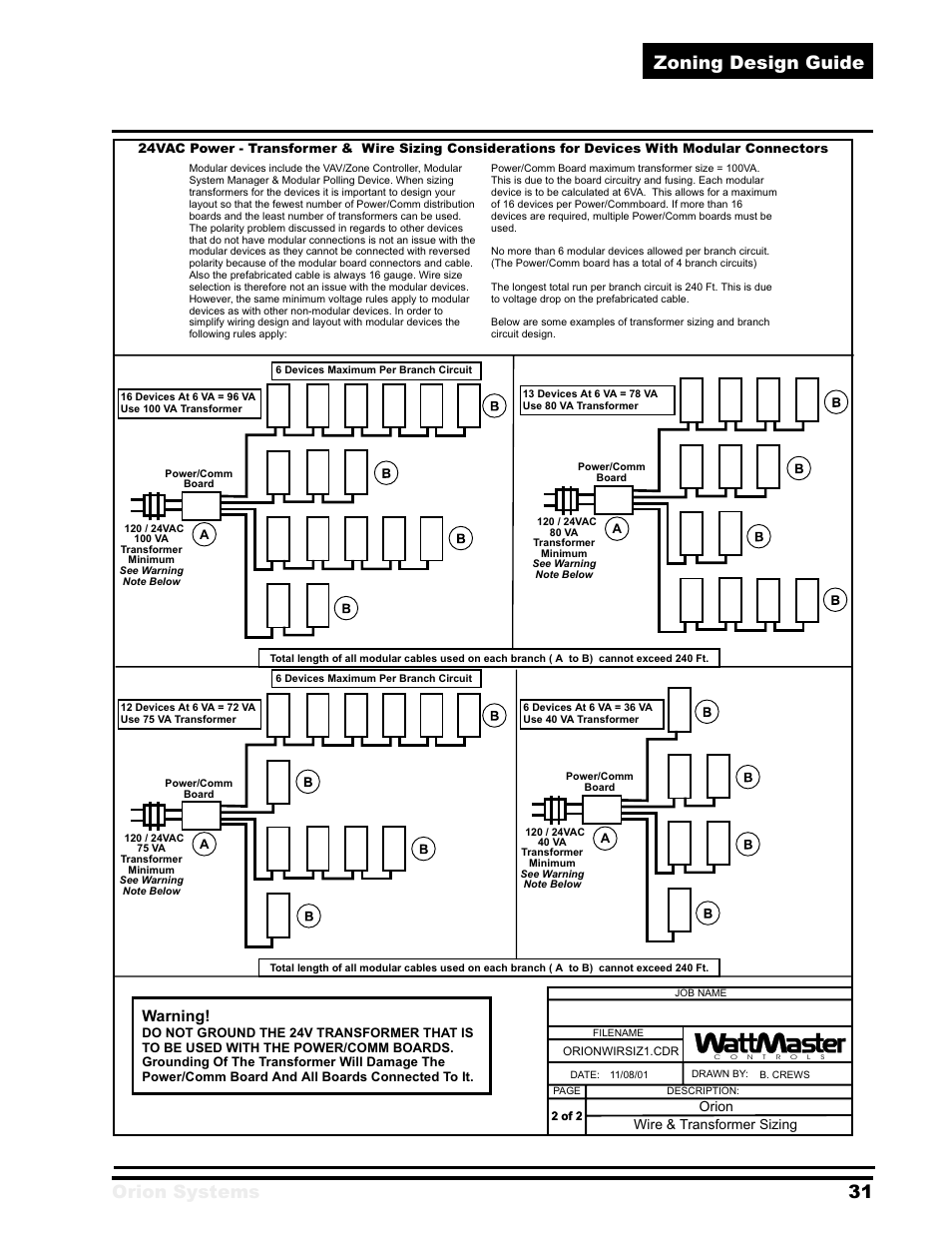 Orion systems 31 zoning design guide, Warning, Wire & transformer sizing | Orion | Orion System Zoning User Manual | Page 31 / 32