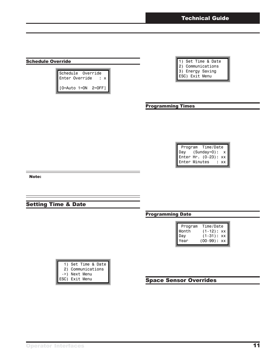 Operator interfaces technical guide 11, Setting time & date, Space sensor overrides | Orion System MUA II D Controllers Operator Interfaces User Manual | Page 11 / 24